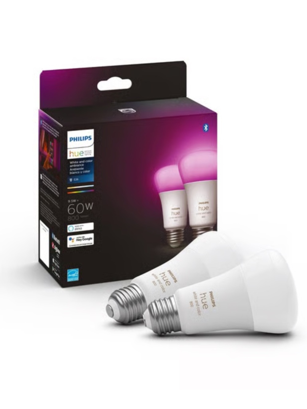 Philips Hue A19 60W Light Bulbs: LED, Dimmable, 800 Lumens - 2 Bulbs Included